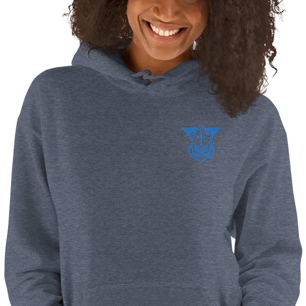 Unisex Hoodie with Aqua Teal Embroidered Soldier of Christ Emblem