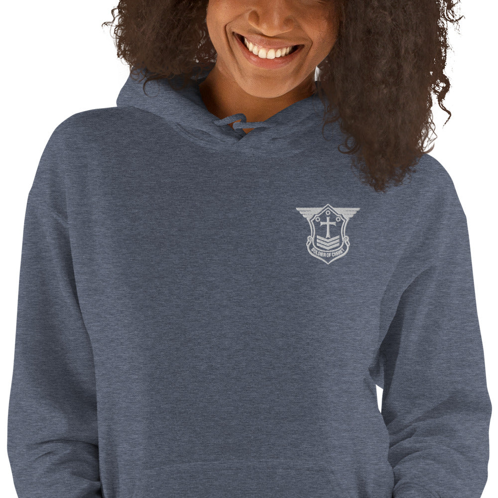 Unisex Hoodie with White Embroidered Soldier of Christ Emblem