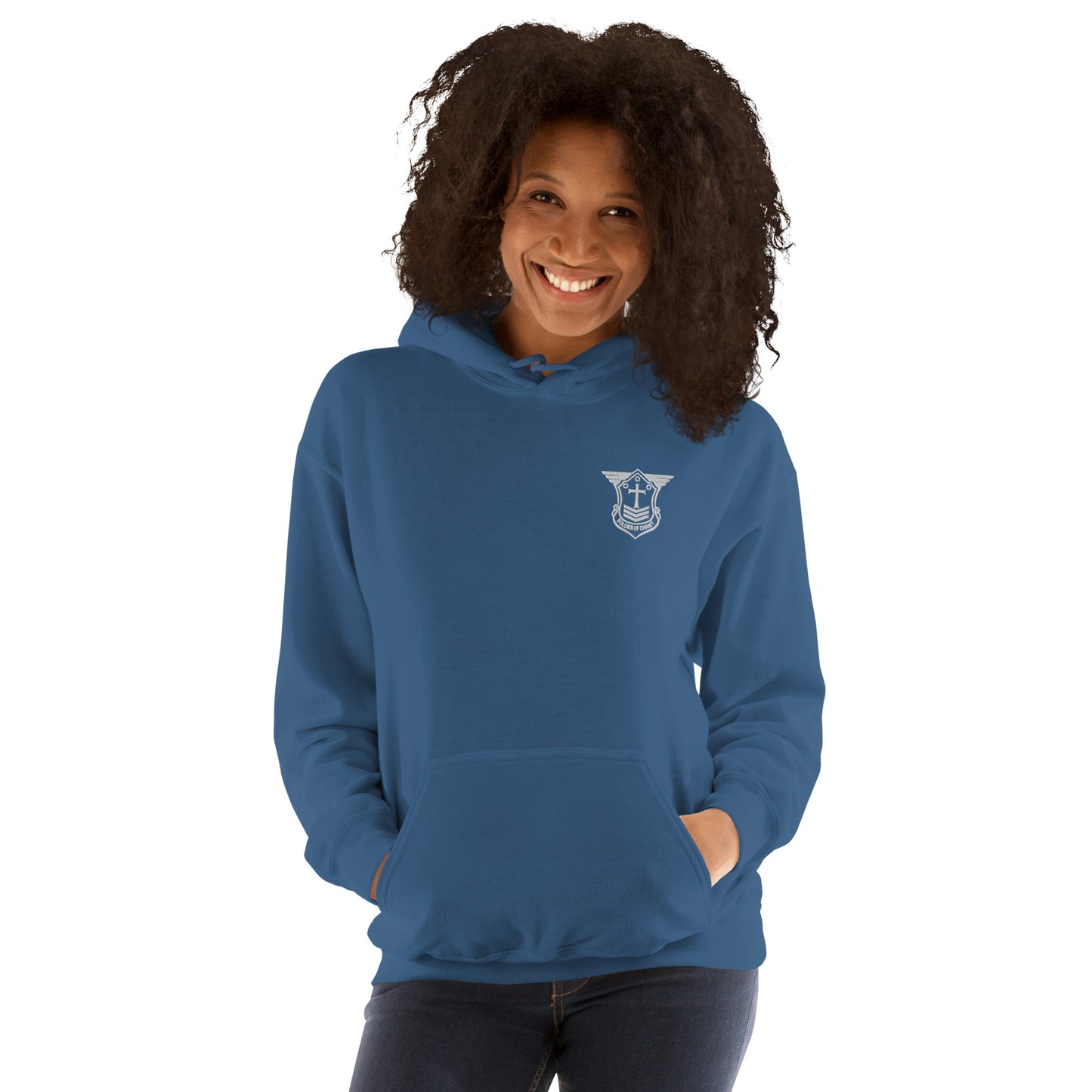 Unisex Hoodie with White Embroidered Soldier of Christ Emblem