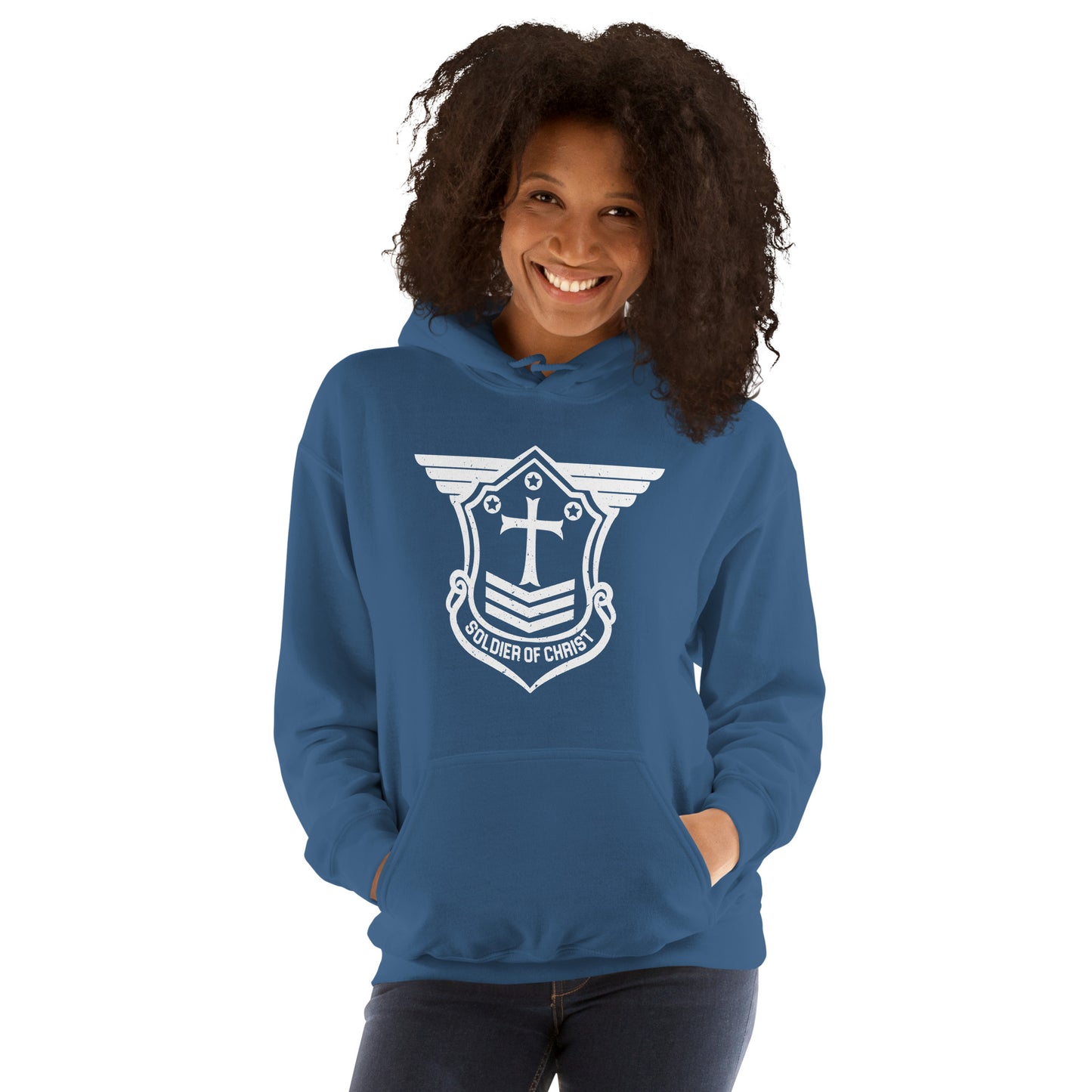 Unisex Hoodie with White Soldier of Christ Emblem Front