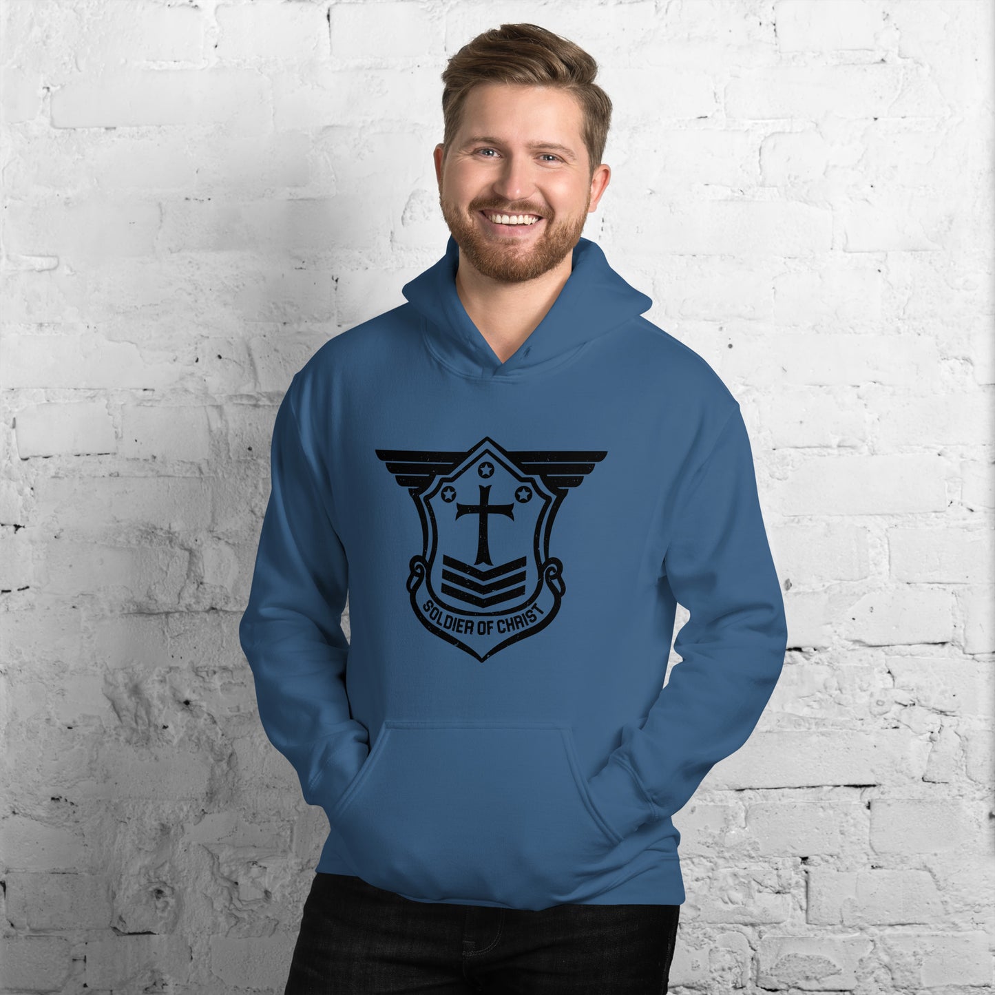 Unisex Hoodie with Black Soldier of Christ Emblem Front