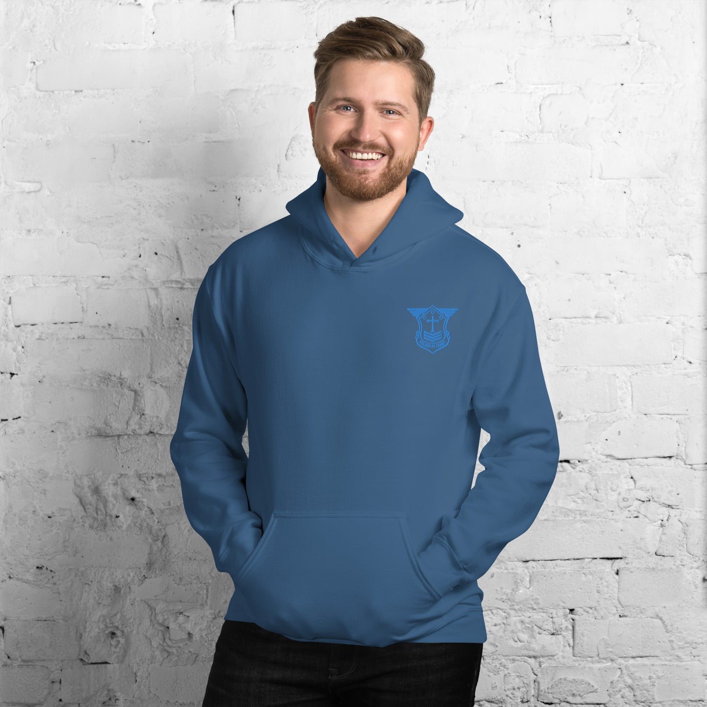 Unisex Hoodie with Aqua Teal Embroidered Soldier of Christ Emblem