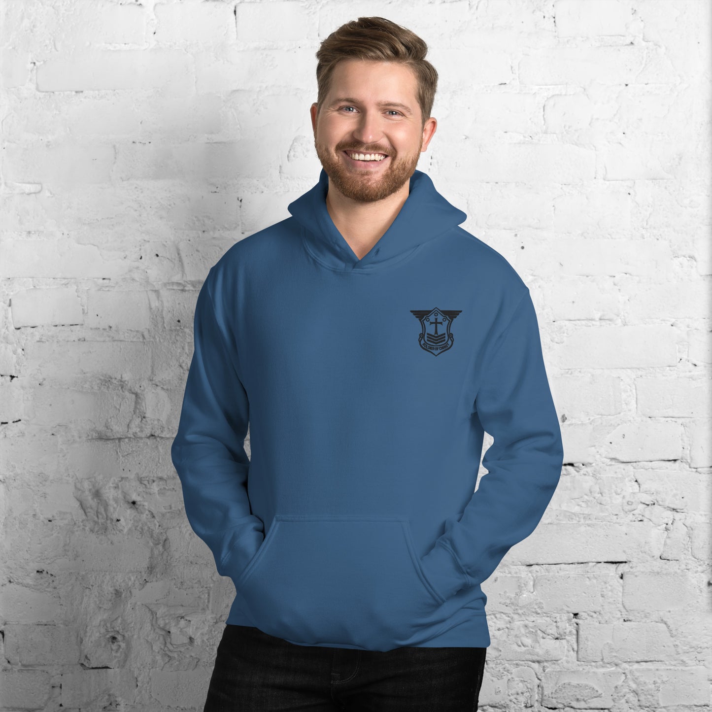 Unisex Hoodie with Black Embroidered Soldier of Christ Emblem