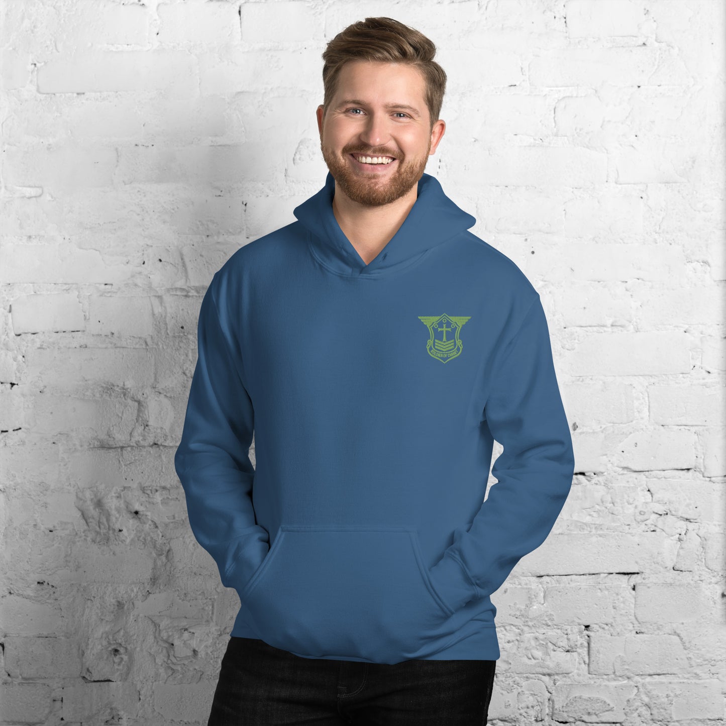 Unisex Hoodie with Kiwi Green Embroidered Soldier of Christ Emblem