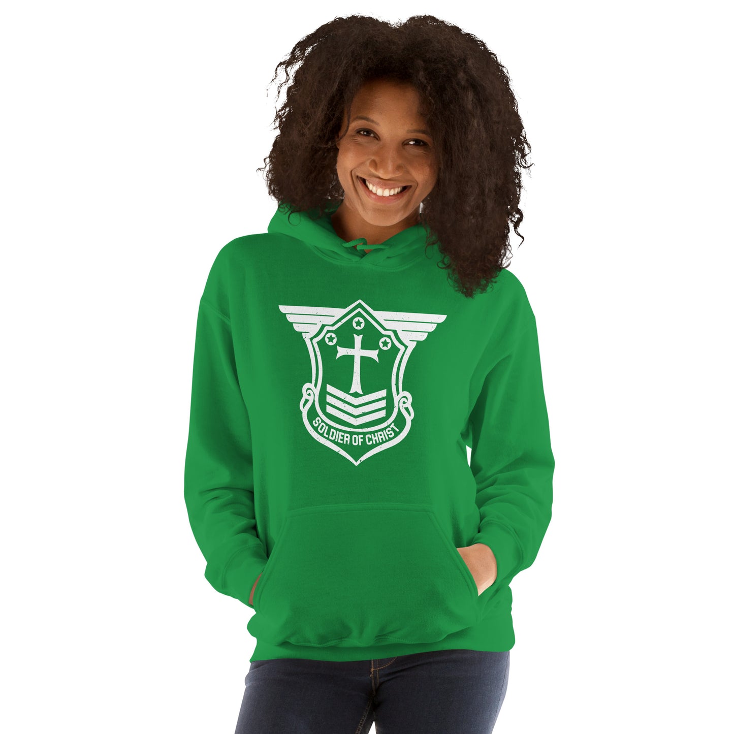 Unisex Hoodie with White Soldier of Christ Emblem Front