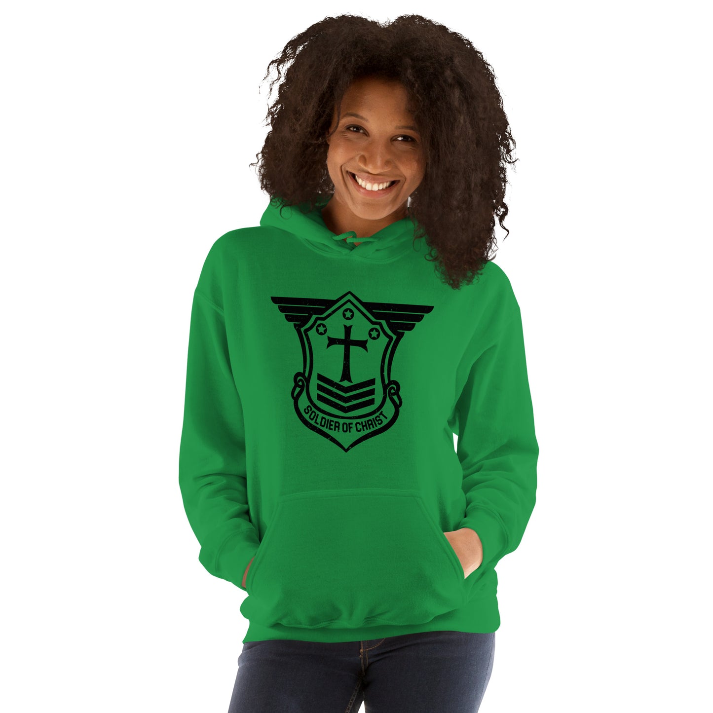 Unisex Hoodie with Black Soldier of Christ Emblem Front