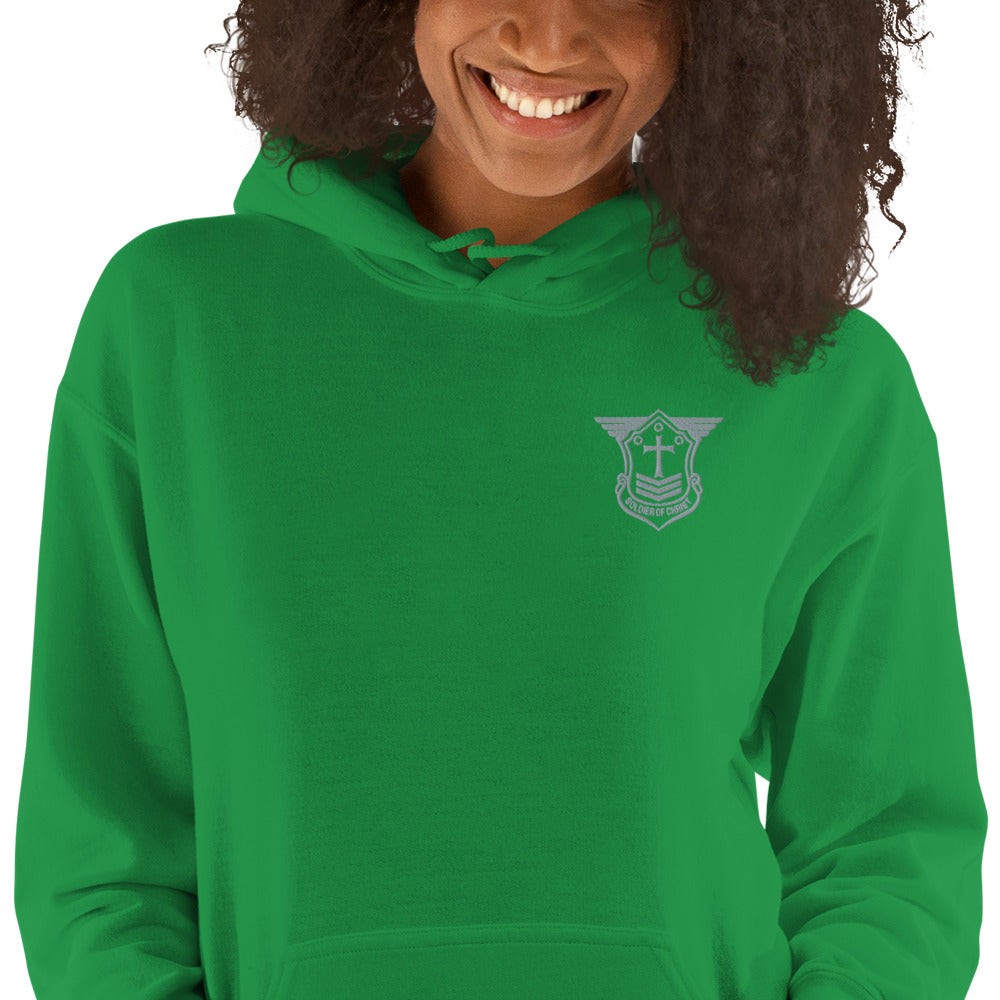 Unisex Hoodie with Grey Embroidered Soldier of Christ Emblem