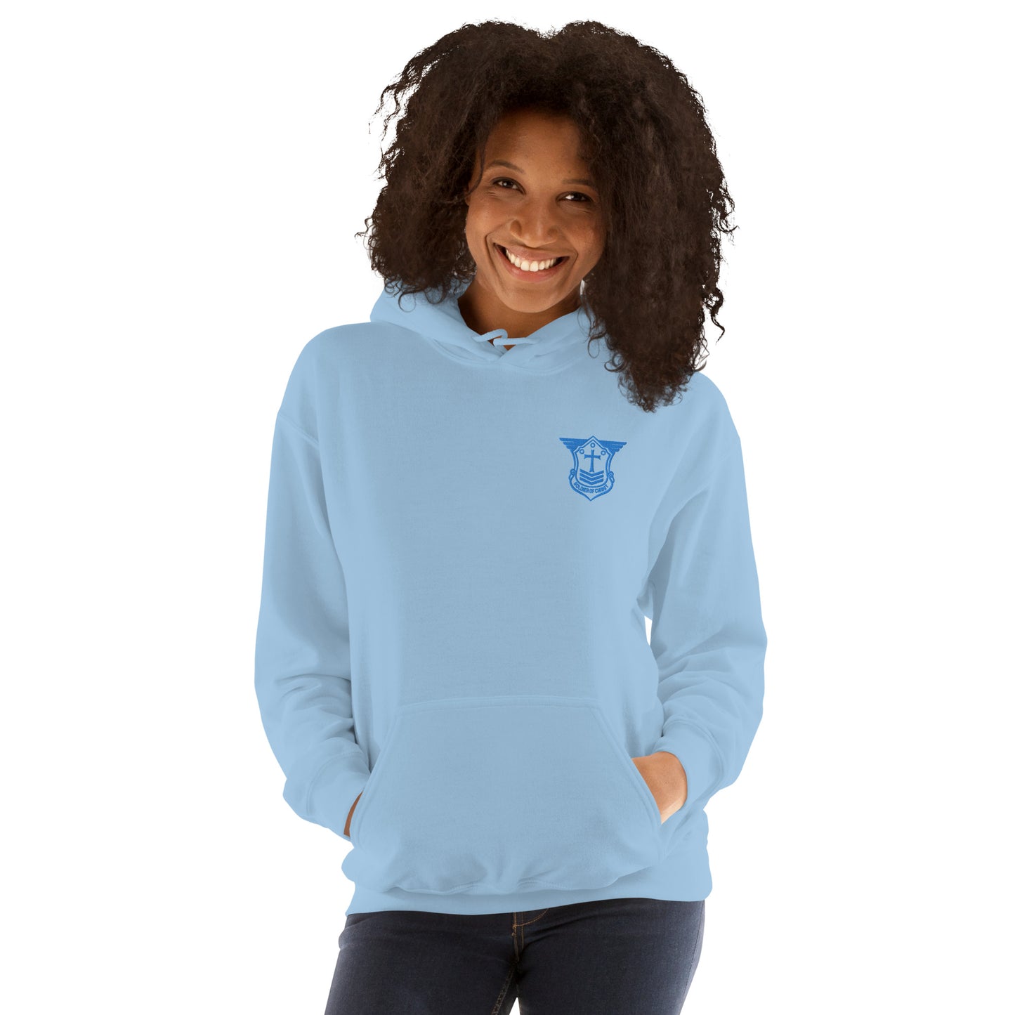 Unisex Hoodie with Aqua Teal Embroidered Soldier of Christ Emblem