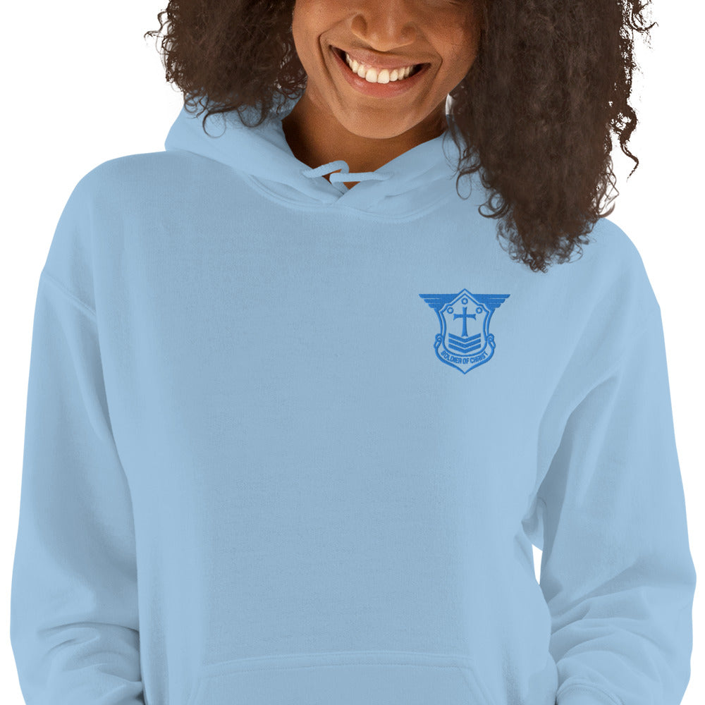 Unisex Hoodie with Aqua Teal Embroidered Soldier of Christ Emblem