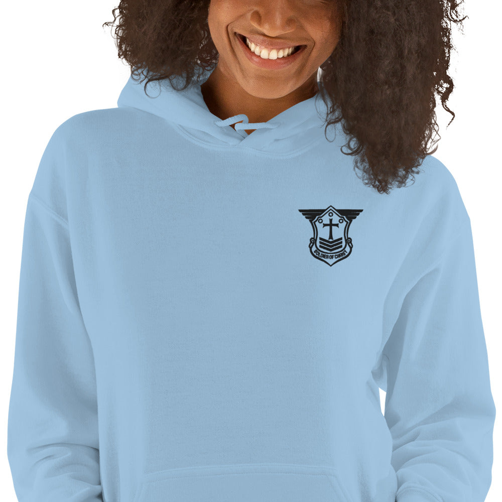 Unisex Hoodie with Black Embroidered Soldier of Christ Emblem