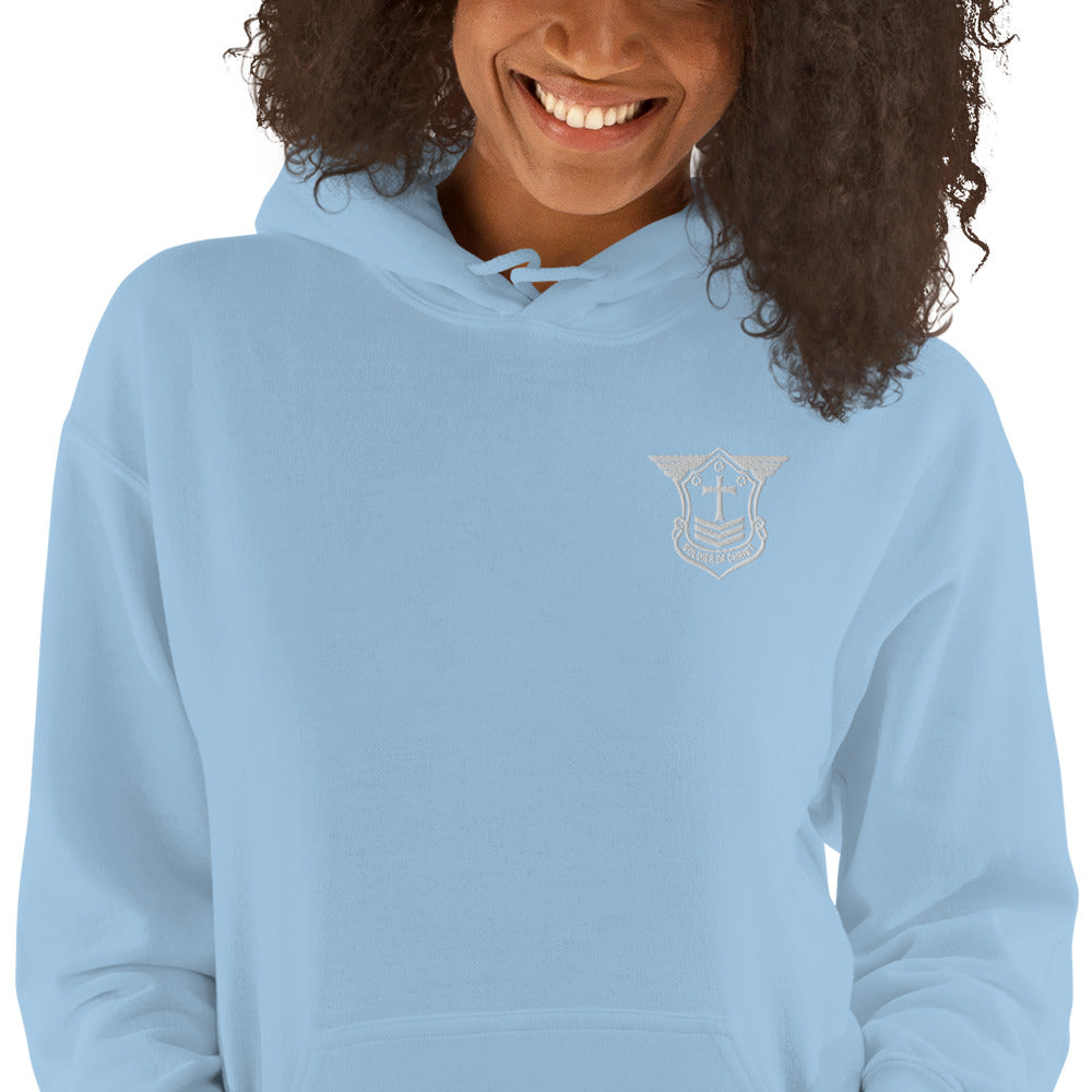 Unisex Hoodie with White Embroidered Soldier of Christ Emblem