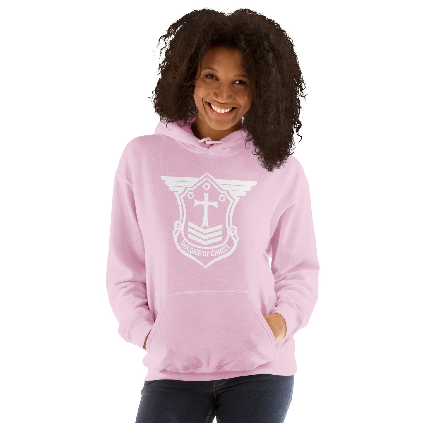 Unisex Hoodie with White Soldier of Christ Emblem Front