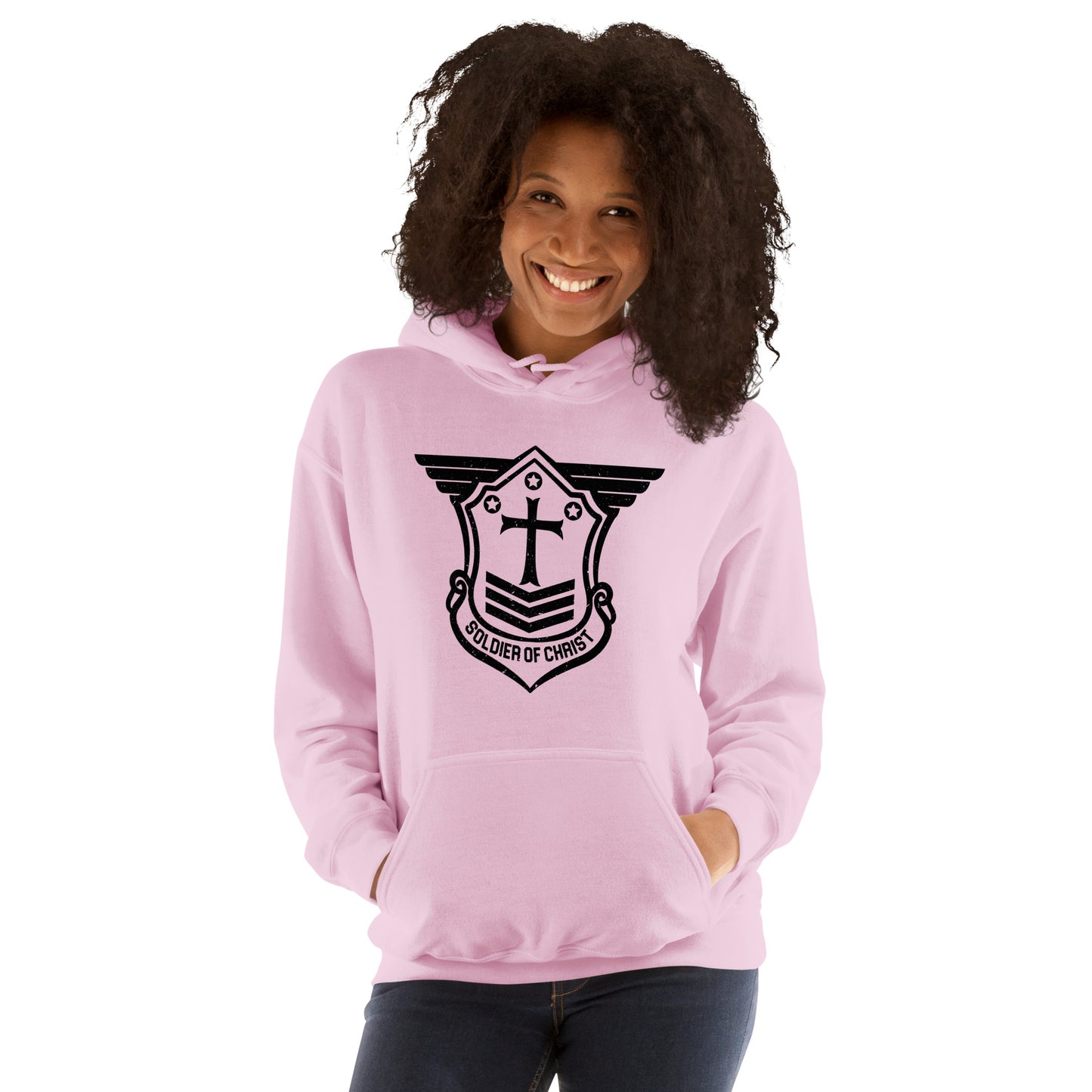 Unisex Hoodie with Black Soldier of Christ Emblem Front