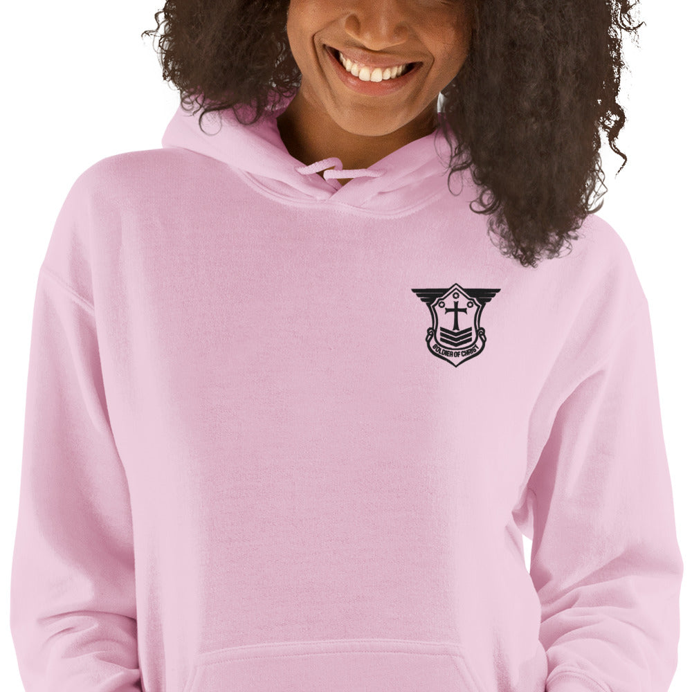 Unisex Hoodie with Black Embroidered Soldier of Christ Emblem