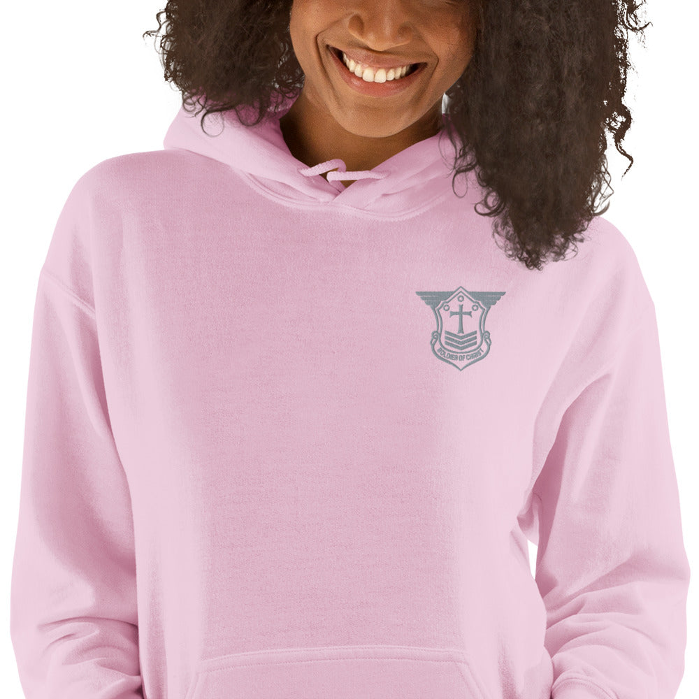 Unisex Hoodie with Grey Embroidered Soldier of Christ Emblem