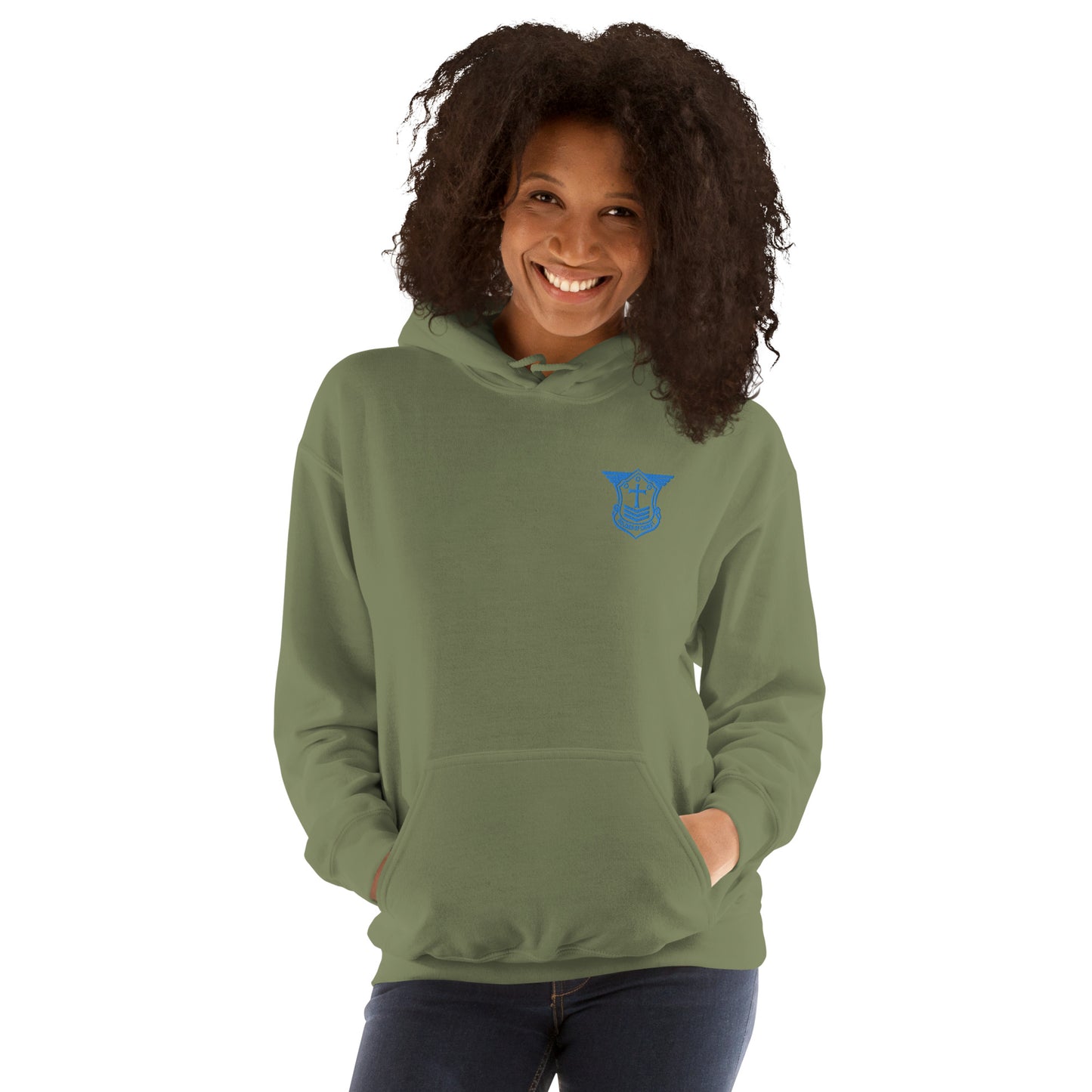 Unisex Hoodie with Aqua Teal Embroidered Soldier of Christ Emblem