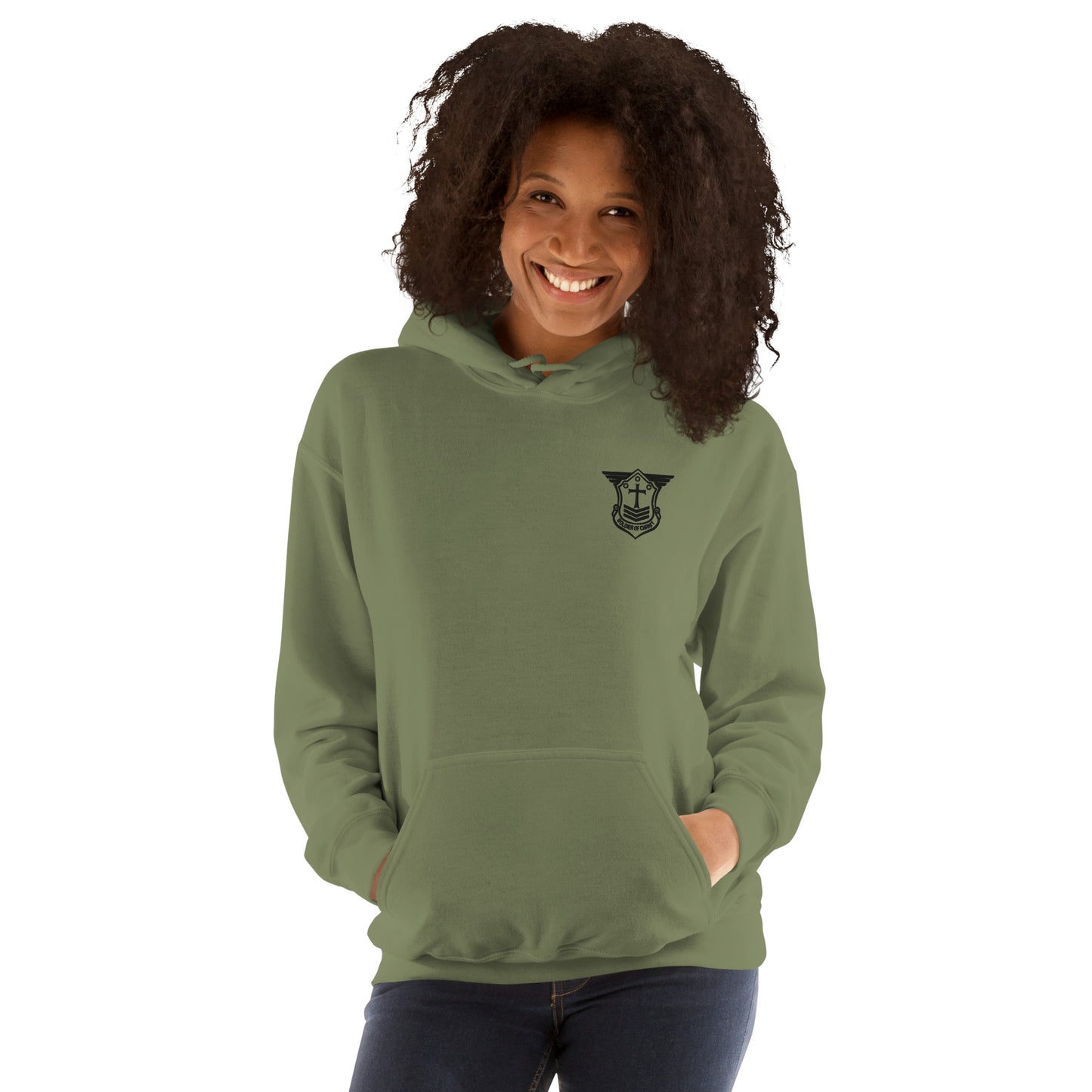 Unisex Hoodie with Black Embroidered Soldier of Christ Emblem