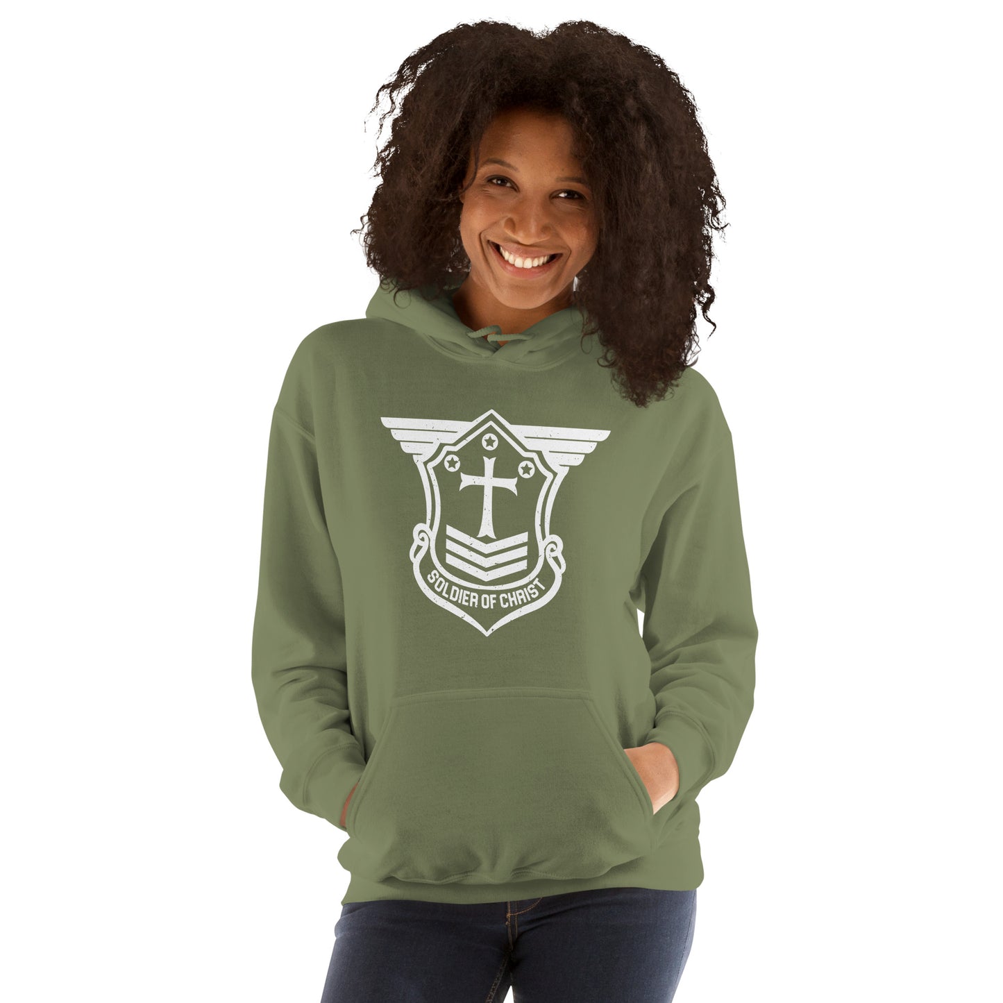 Unisex Hoodie with White Soldier of Christ Emblem Front