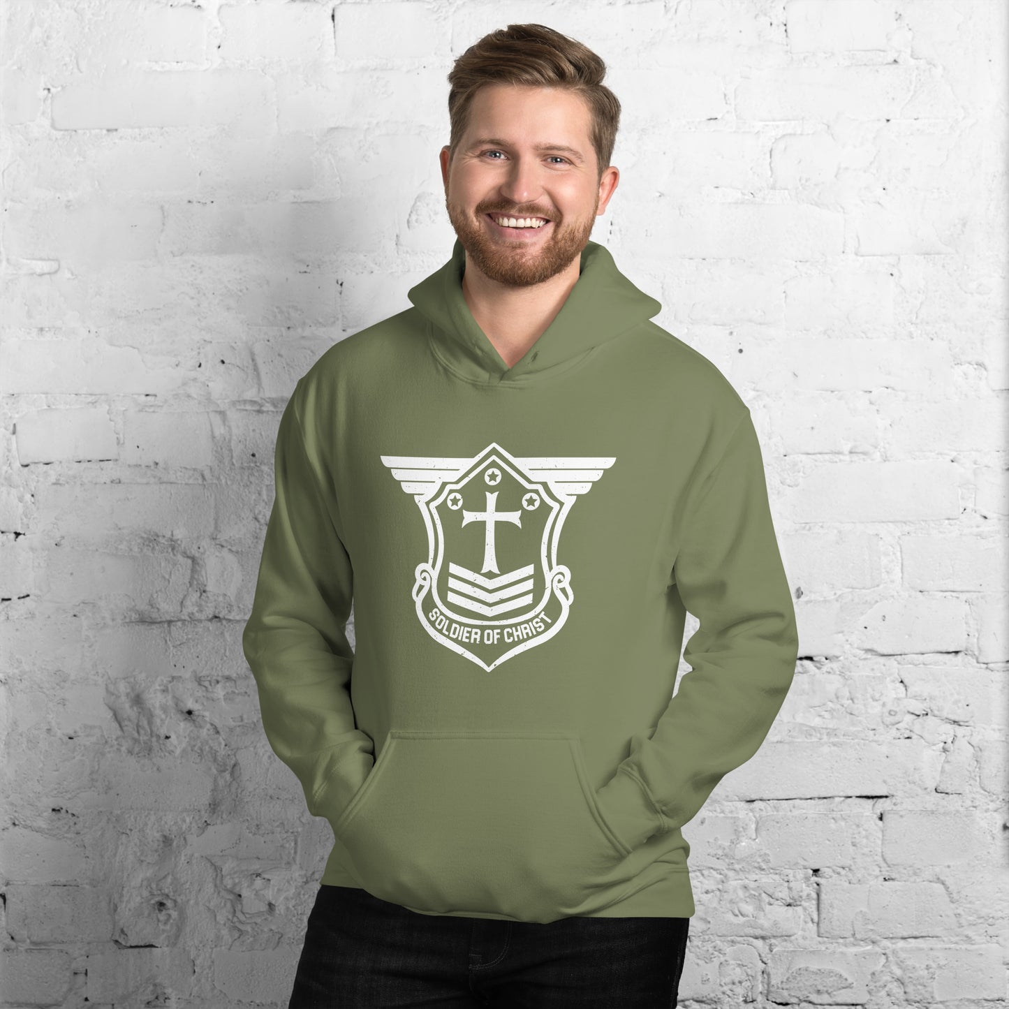 Unisex Hoodie with White Soldier of Christ Emblem Front