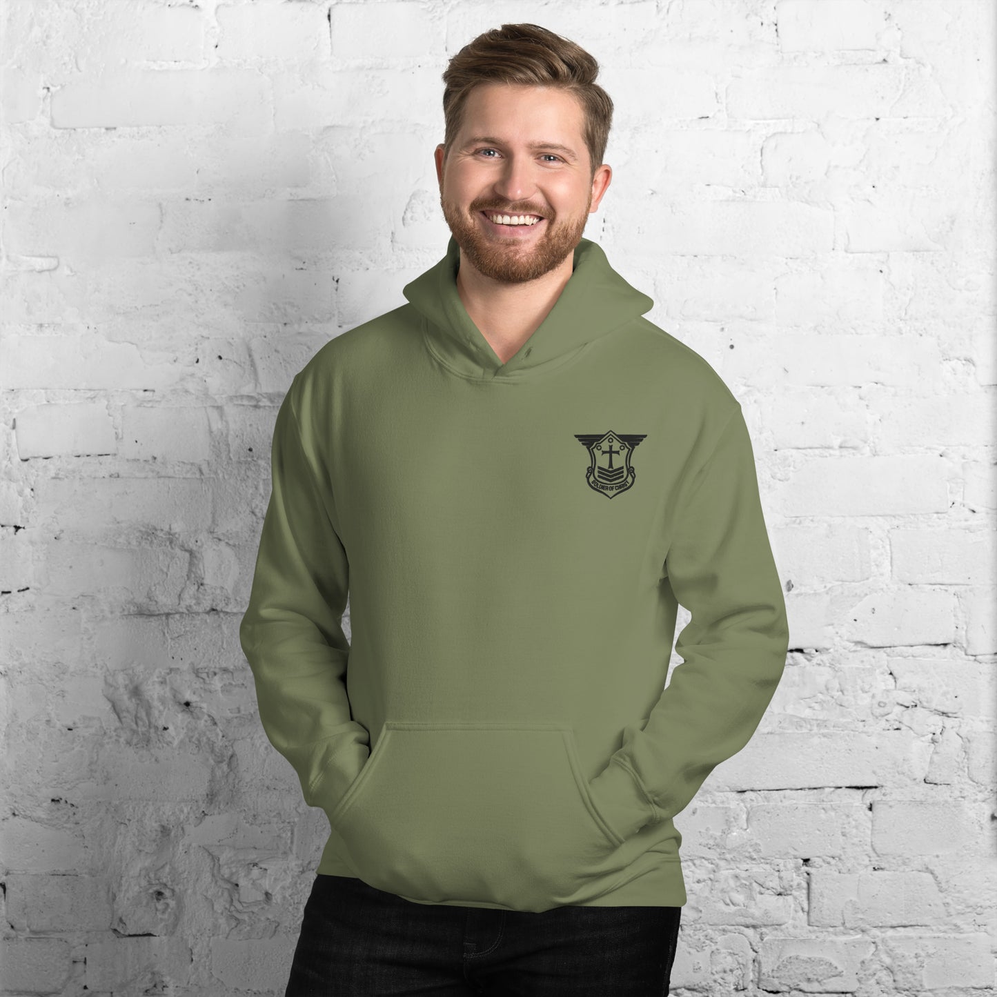 Unisex Hoodie with Black Embroidered Soldier of Christ Emblem