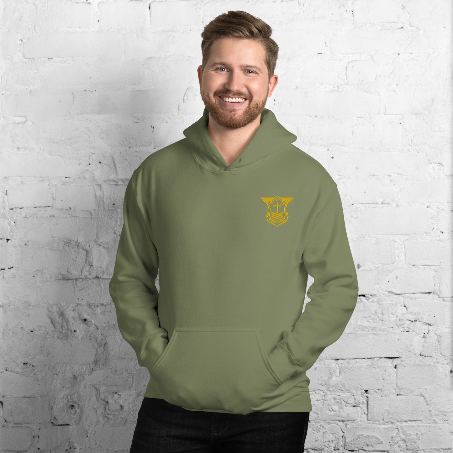 Unisex Hoodie with Gold Embroidered Soldier of Christ Emblem