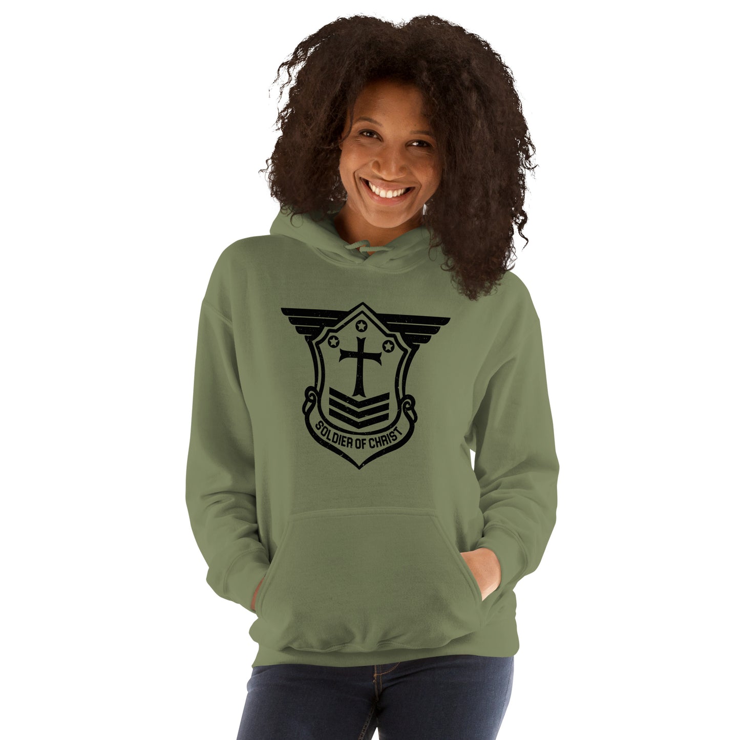 Unisex Hoodie with Black Soldier of Christ Emblem Front