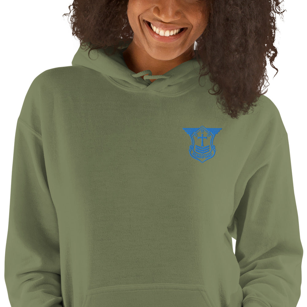 Unisex Hoodie with Aqua Teal Embroidered Soldier of Christ Emblem