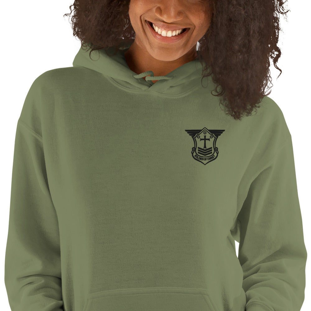 Unisex Hoodie with Black Embroidered Soldier of Christ Emblem