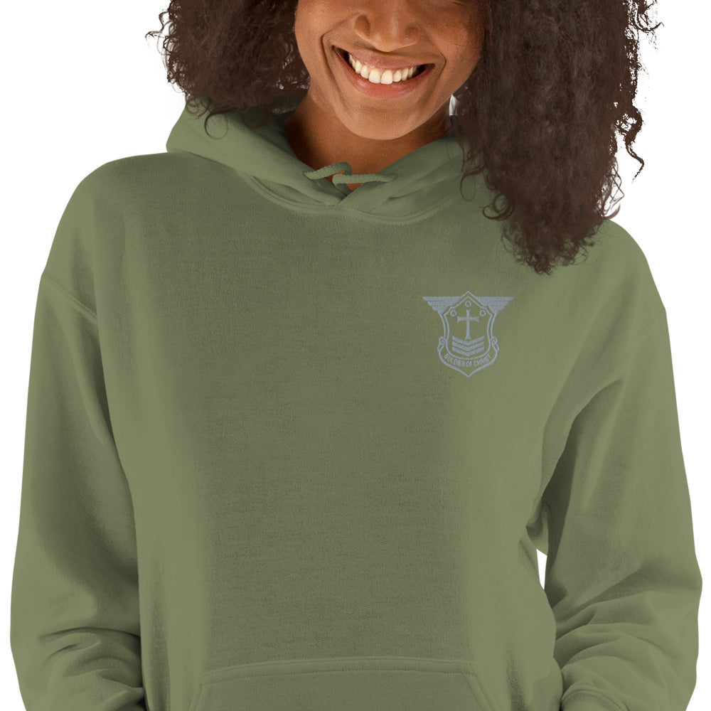 Unisex Hoodie with Grey Embroidered Soldier of Christ Emblem