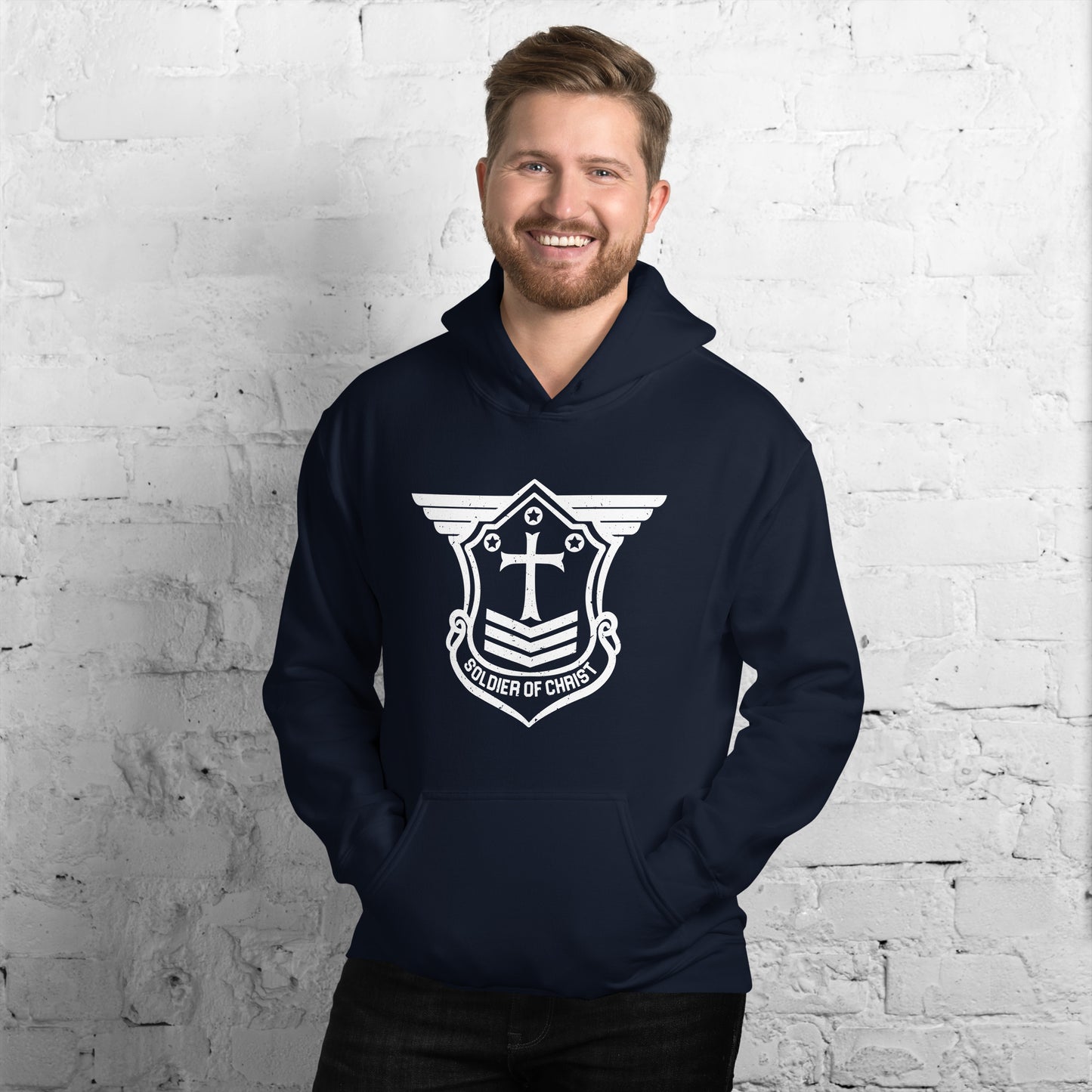 Unisex Hoodie with White Soldier of Christ Emblem Front