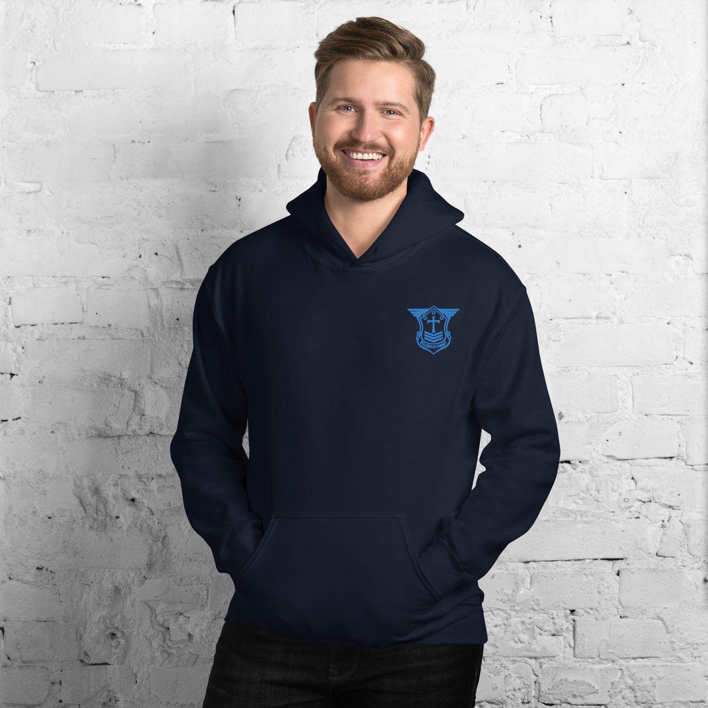 Unisex Hoodie with Aqua Teal Embroidered Soldier of Christ Emblem