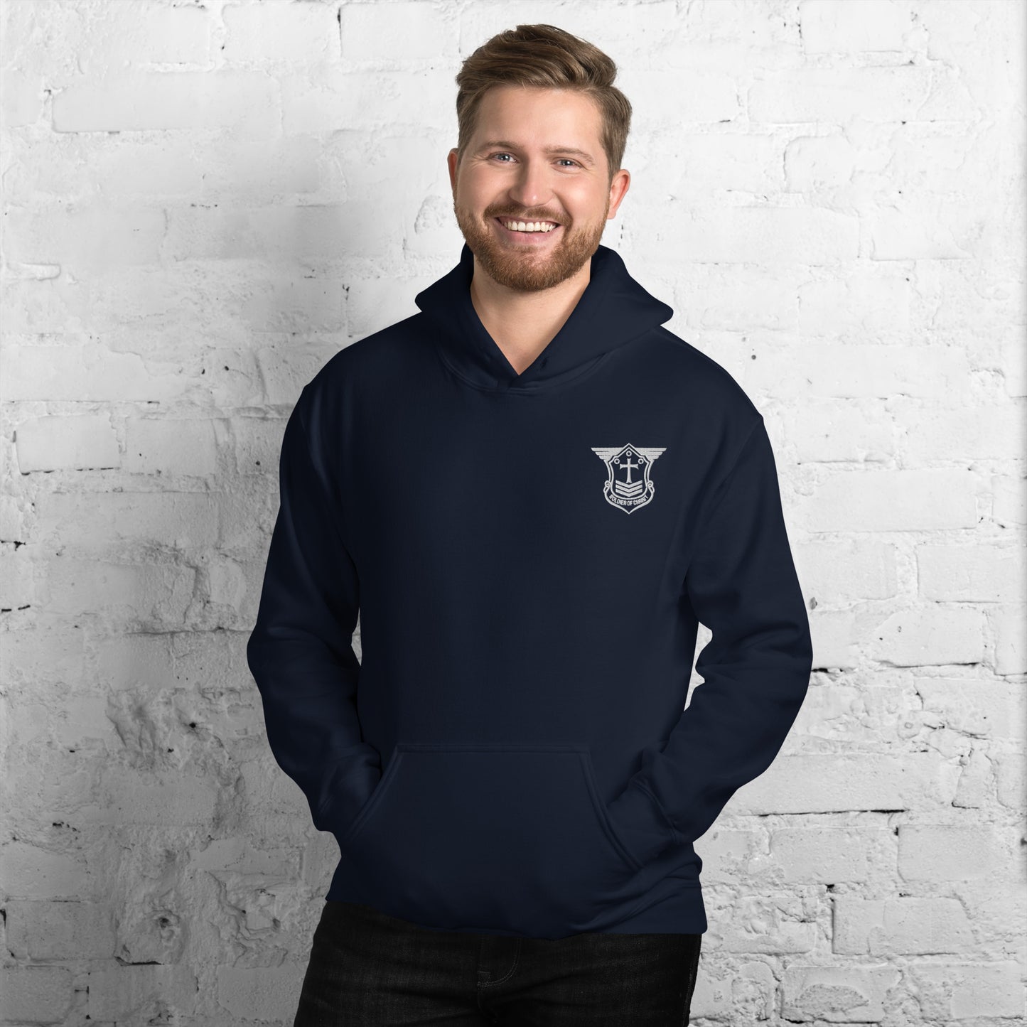 Unisex Hoodie with White Embroidered Soldier of Christ Emblem