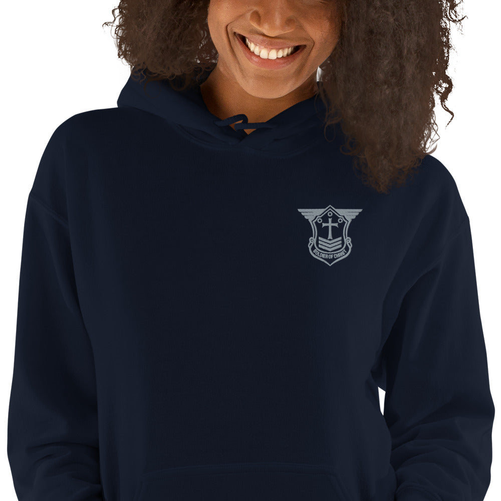 Unisex Hoodie with Grey Embroidered Soldier of Christ Emblem