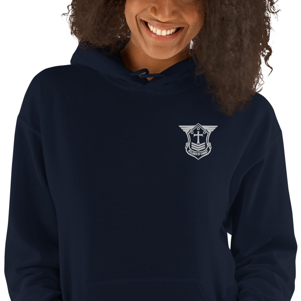 Unisex Hoodie with White Embroidered Soldier of Christ Emblem