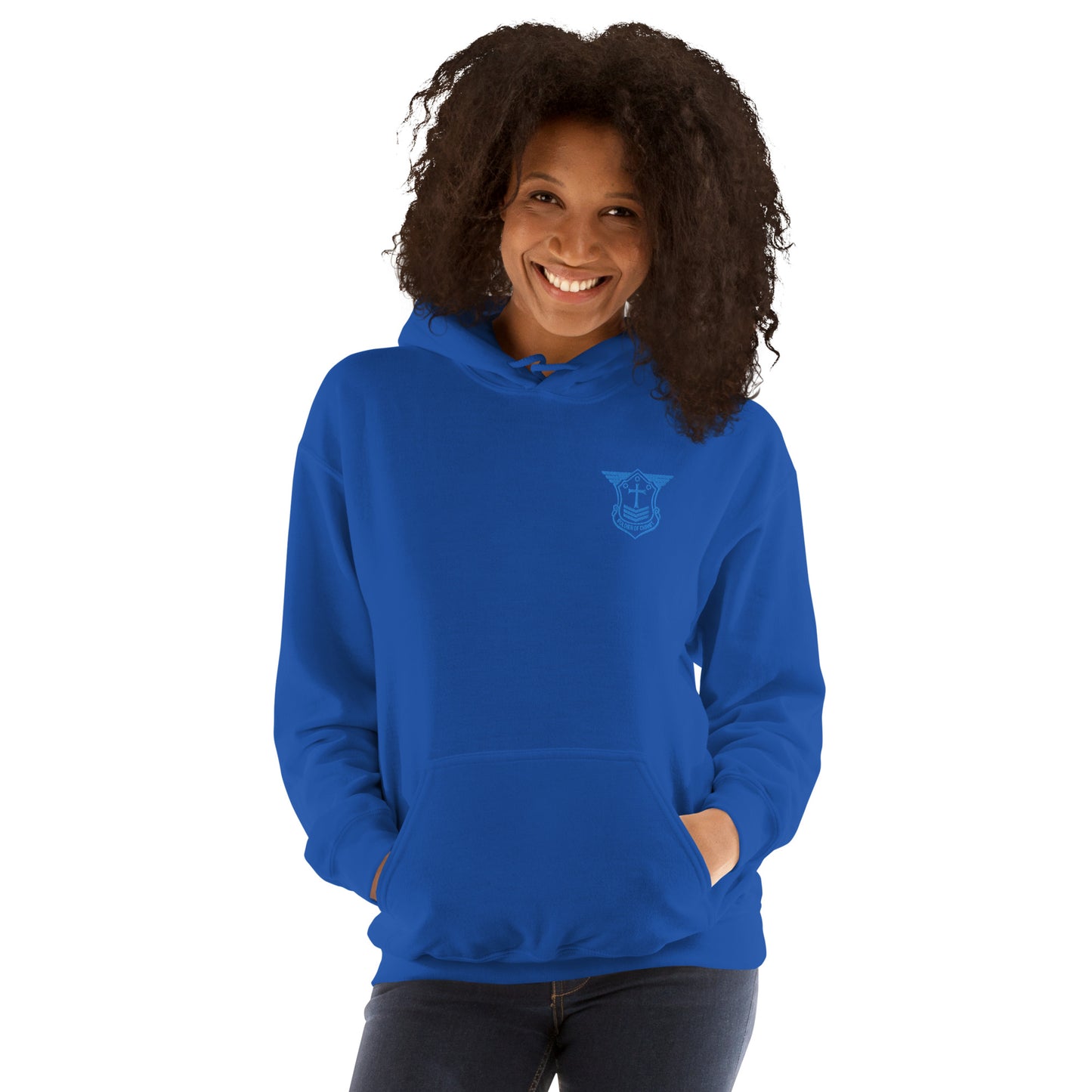 Unisex Hoodie with Aqua Teal Embroidered Soldier of Christ Emblem