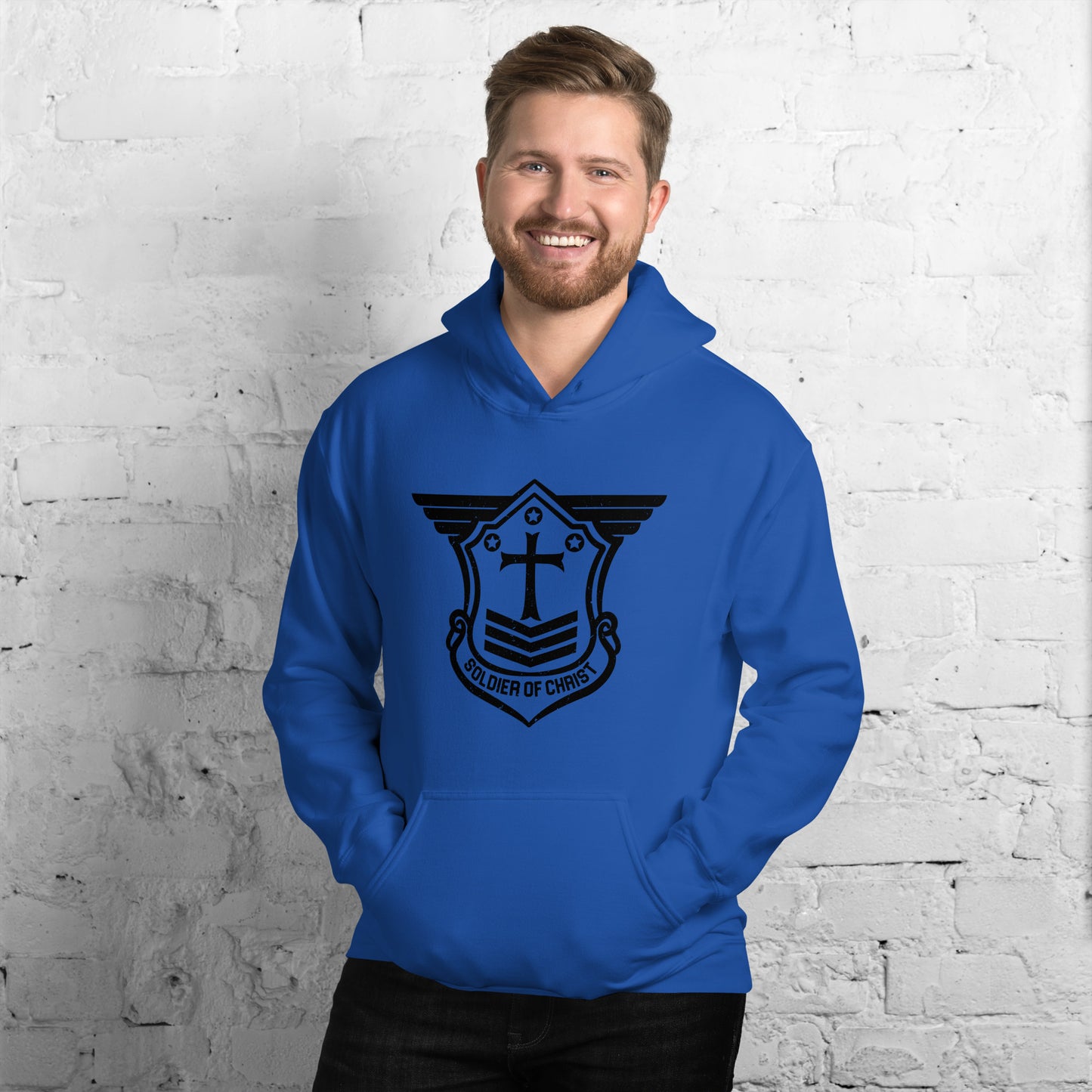 Unisex Hoodie with Black Soldier of Christ Emblem Front