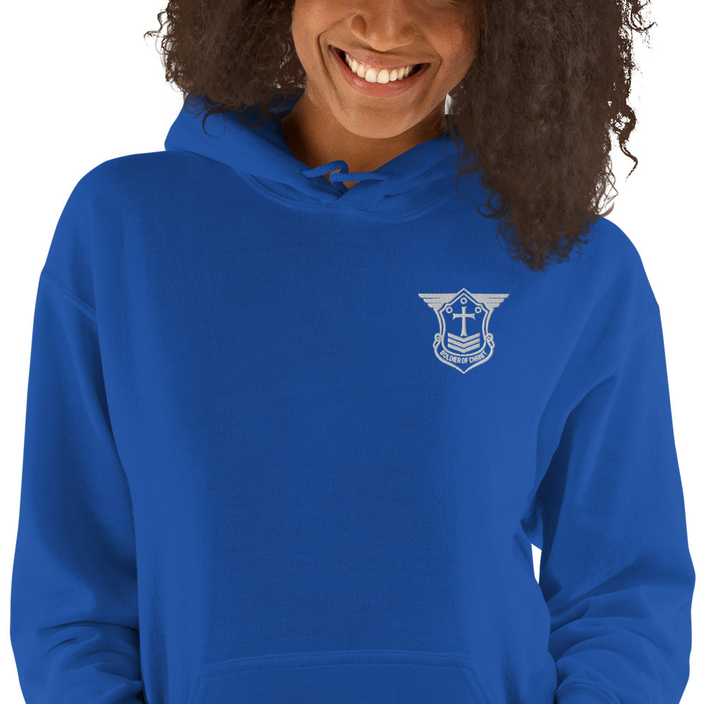 Unisex Hoodie with White Embroidered Soldier of Christ Emblem