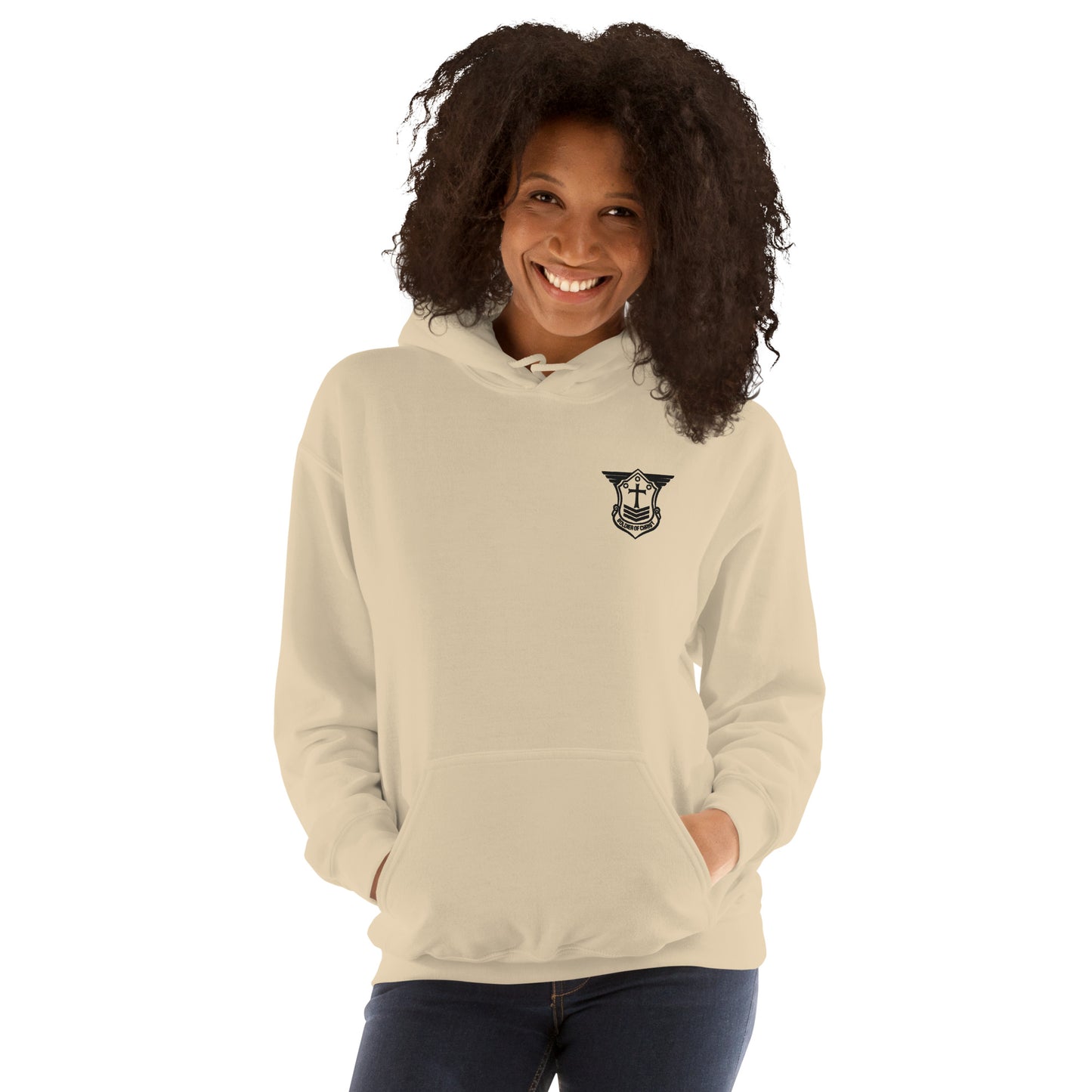 Unisex Hoodie with Black Embroidered Soldier of Christ Emblem