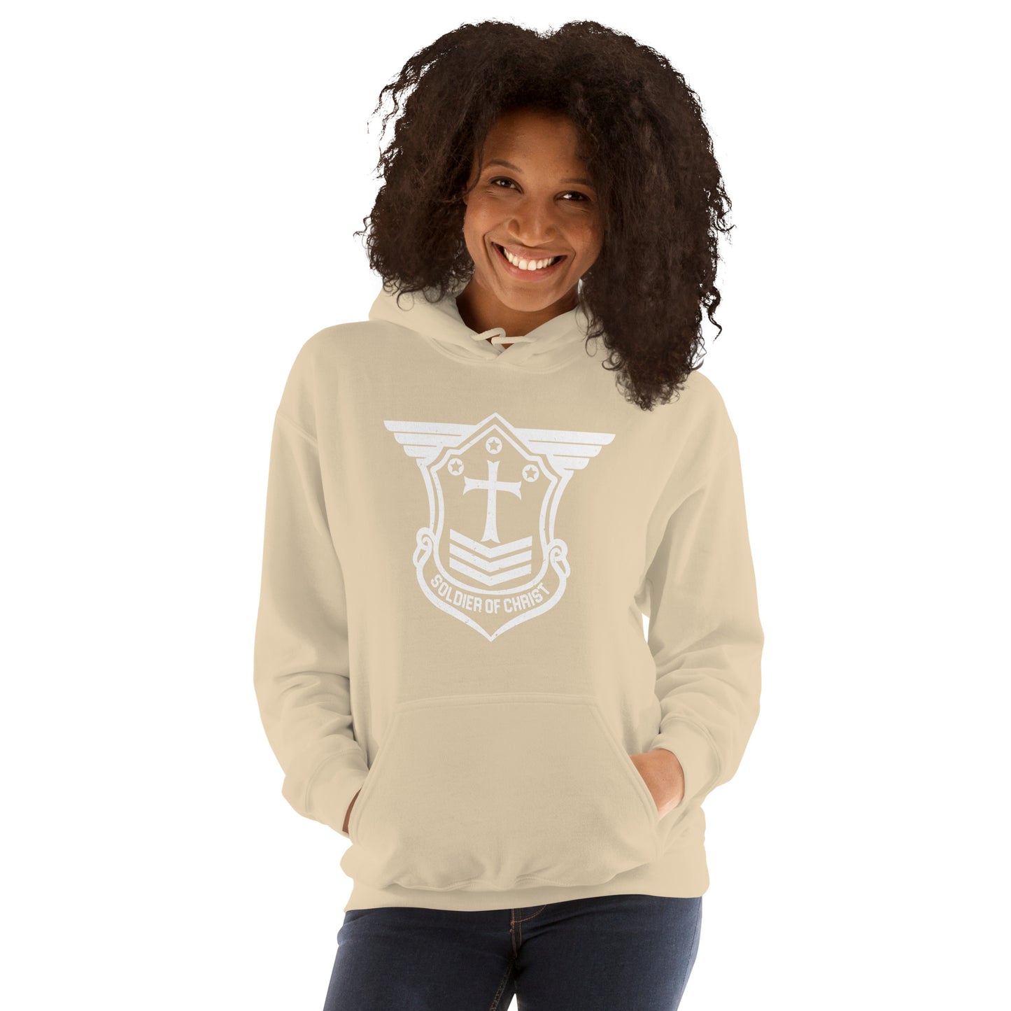 Unisex Hoodie with White Soldier of Christ Emblem Front