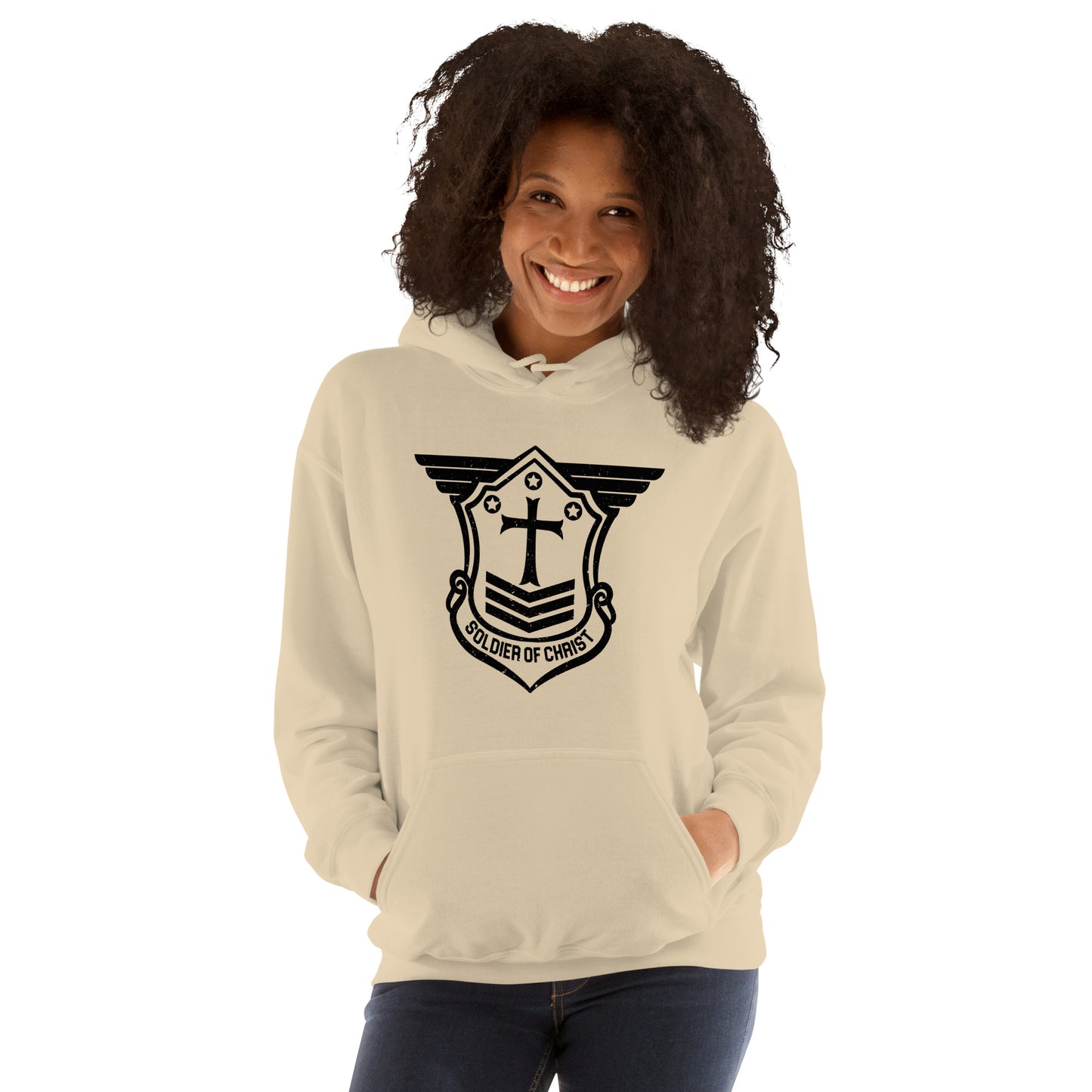 Unisex Hoodie with Black Soldier of Christ Emblem Front