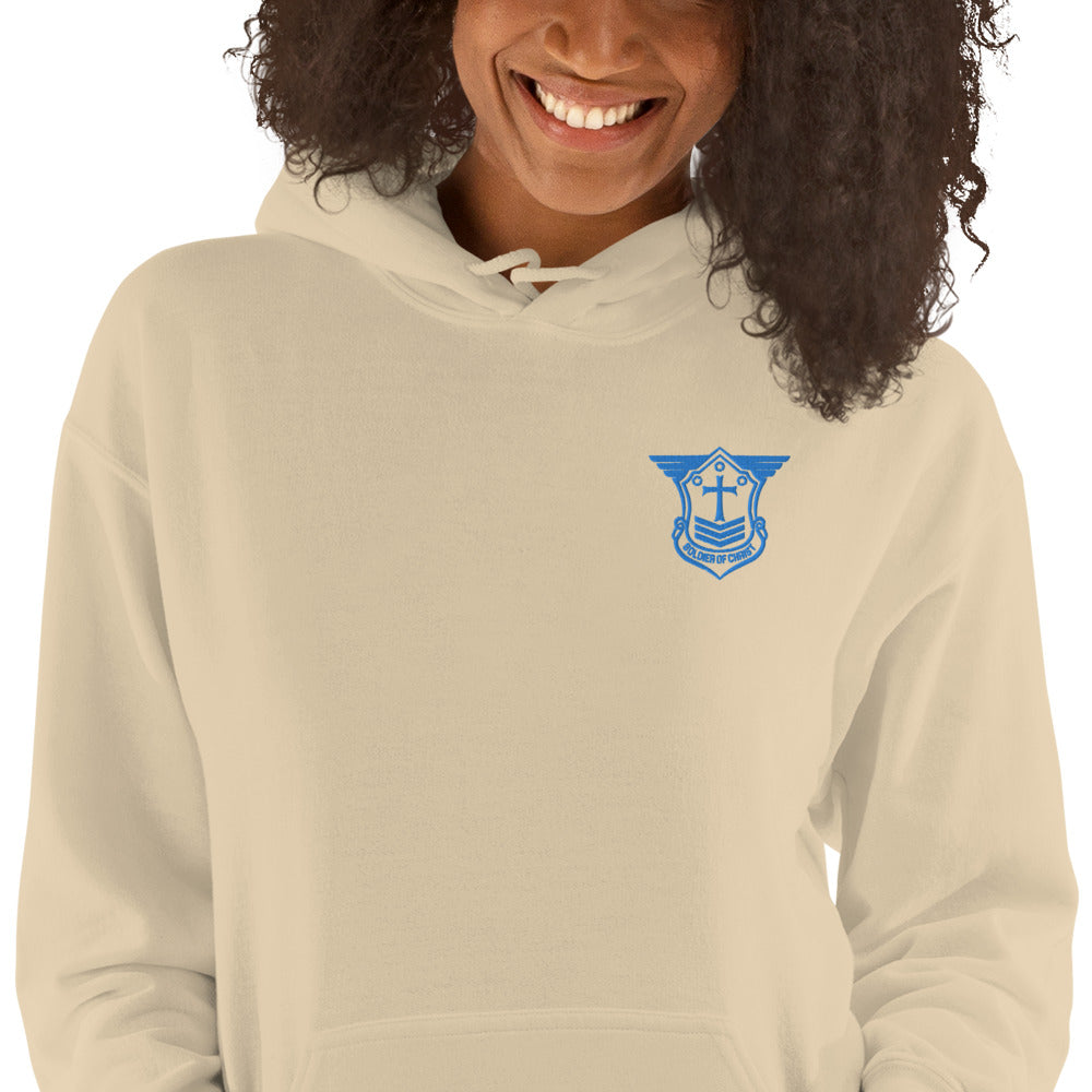 Unisex Hoodie with Aqua Teal Embroidered Soldier of Christ Emblem