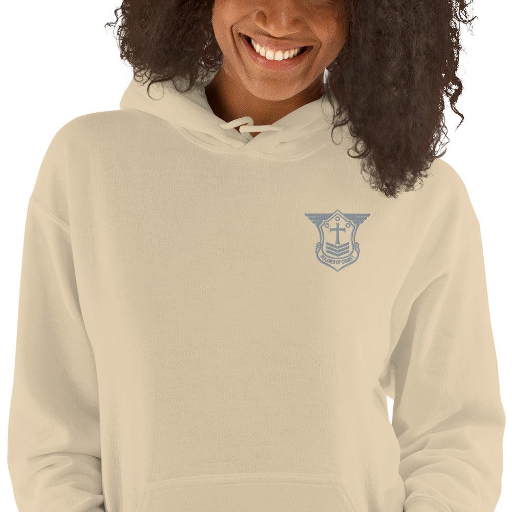 Unisex Hoodie with Grey Embroidered Soldier of Christ Emblem