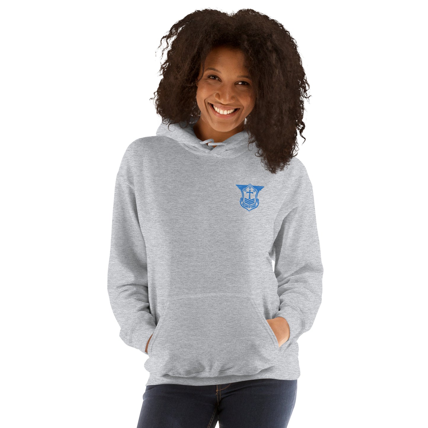 Unisex Hoodie with Aqua Teal Embroidered Soldier of Christ Emblem