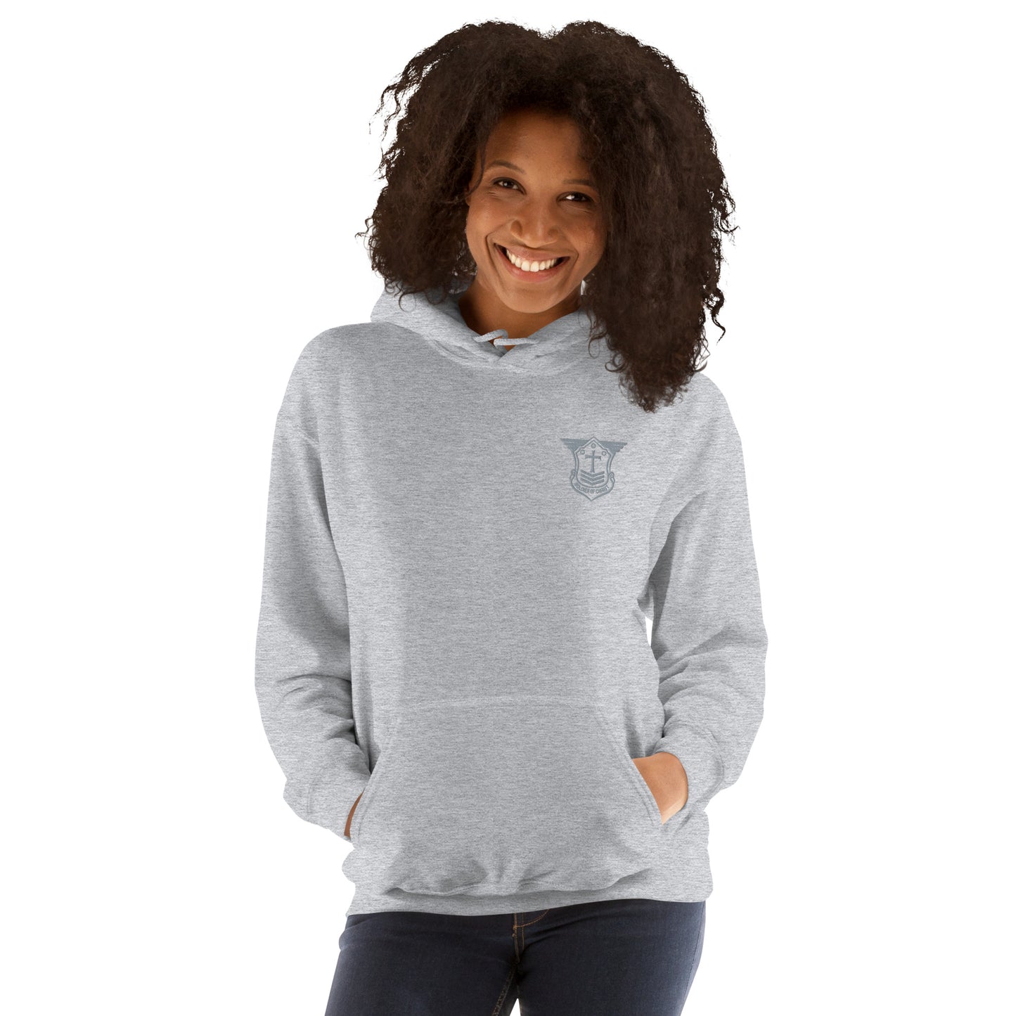 Unisex Hoodie with Grey Embroidered Soldier of Christ Emblem