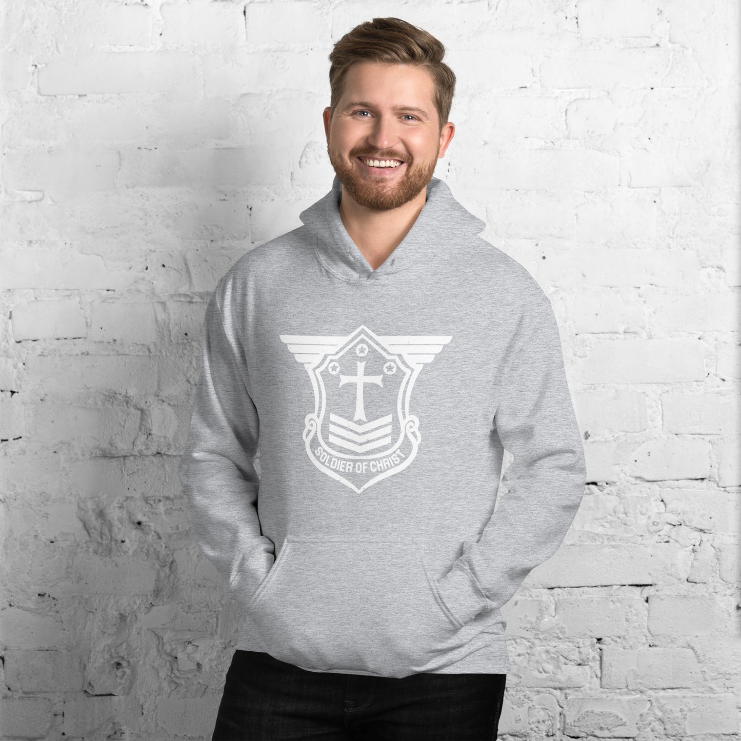 Unisex Hoodie with White Soldier of Christ Emblem Front