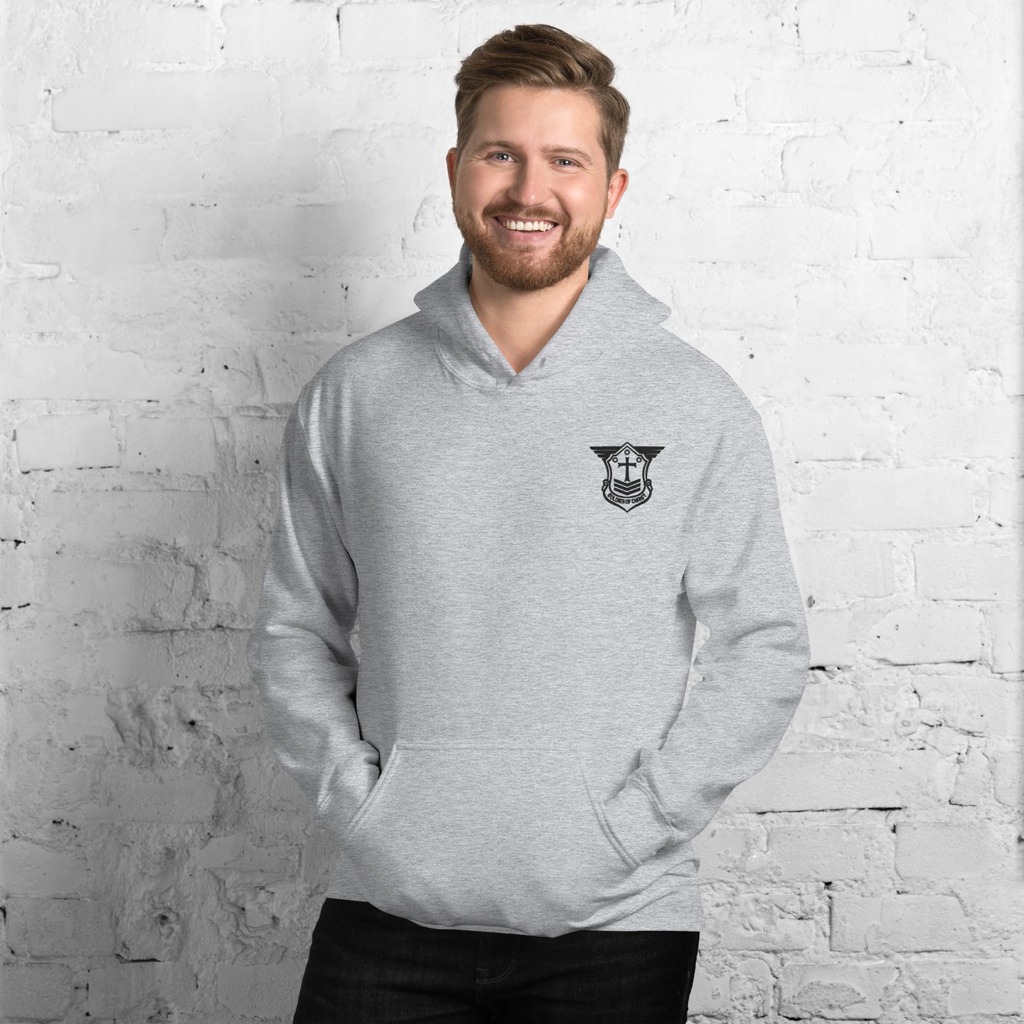 Unisex Hoodie with Black Embroidered Soldier of Christ Emblem