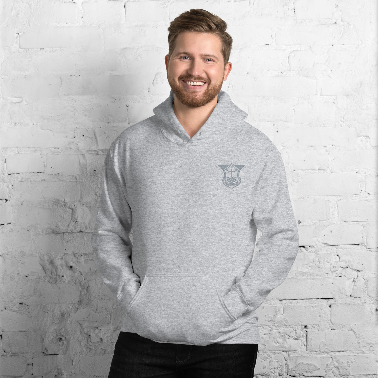 Unisex Hoodie with Grey Embroidered Soldier of Christ Emblem