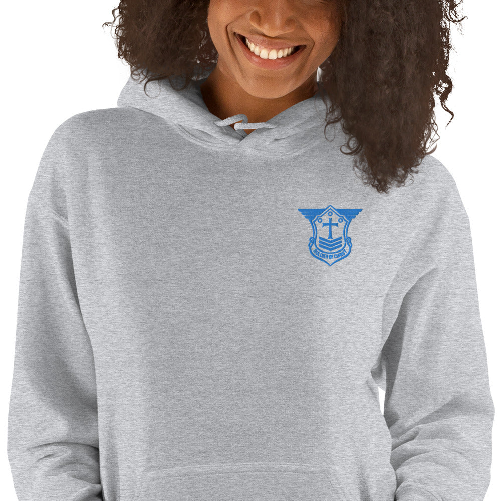 Unisex Hoodie with Aqua Teal Embroidered Soldier of Christ Emblem