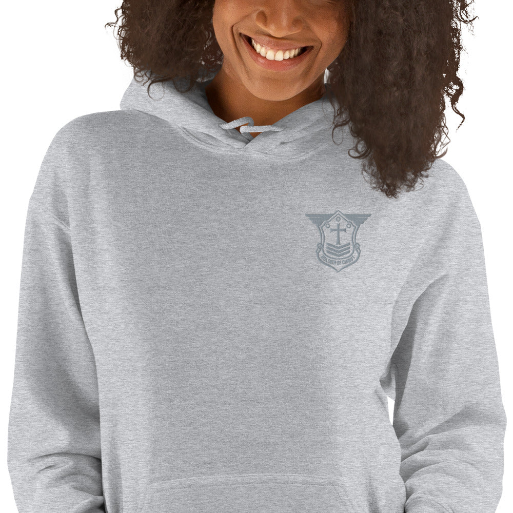 Unisex Hoodie with Grey Embroidered Soldier of Christ Emblem