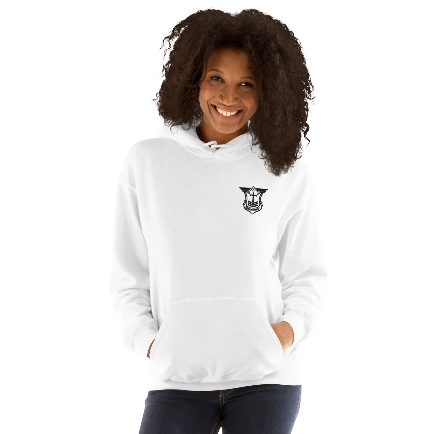 Unisex Hoodie with Black Embroidered Soldier of Christ Emblem